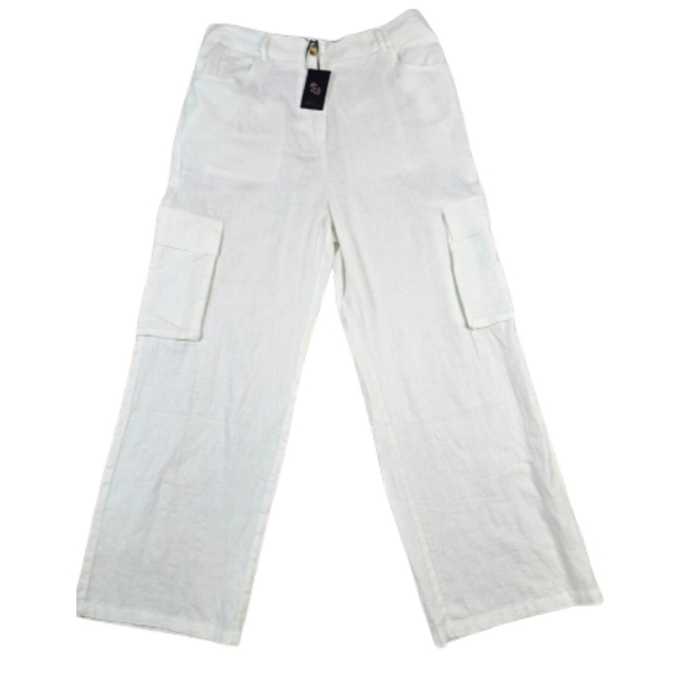 NWT Sincerely Jules XL White Linen Cargo Wide Leg Pants S-1099